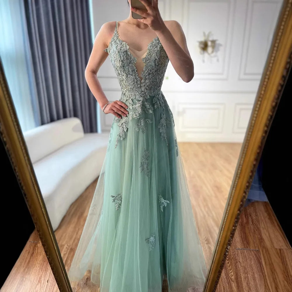 Luxury Sage Green Lace A Line Prom Dress with Spaghetti