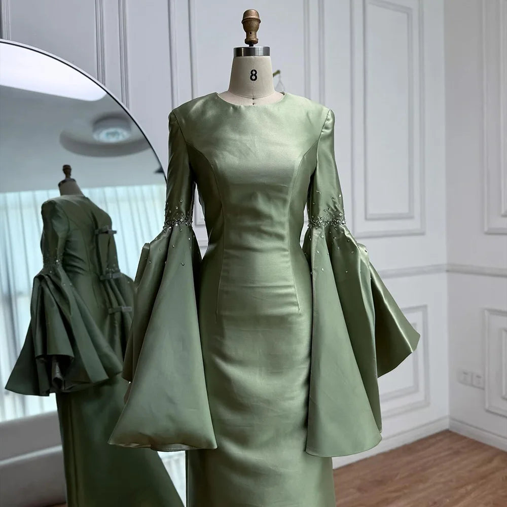 Luxury Sage Green Satin Evening Dress with Bell Sleeves 2025 LA73094 ...