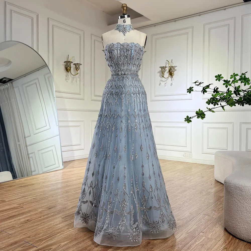 2025 Arabic A-Line Blue Lace Beaded Luxury Evening Gowns for Women's Party Dubai LA72704