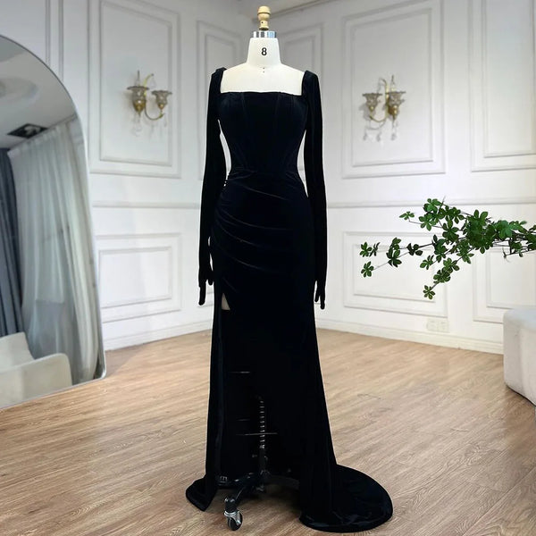 Serene Hill 2024 Arabic Black Velvet With Gloves Mermaid Luxury Dubai Evening Dresses Gowns for Women Wedding Party LA72530