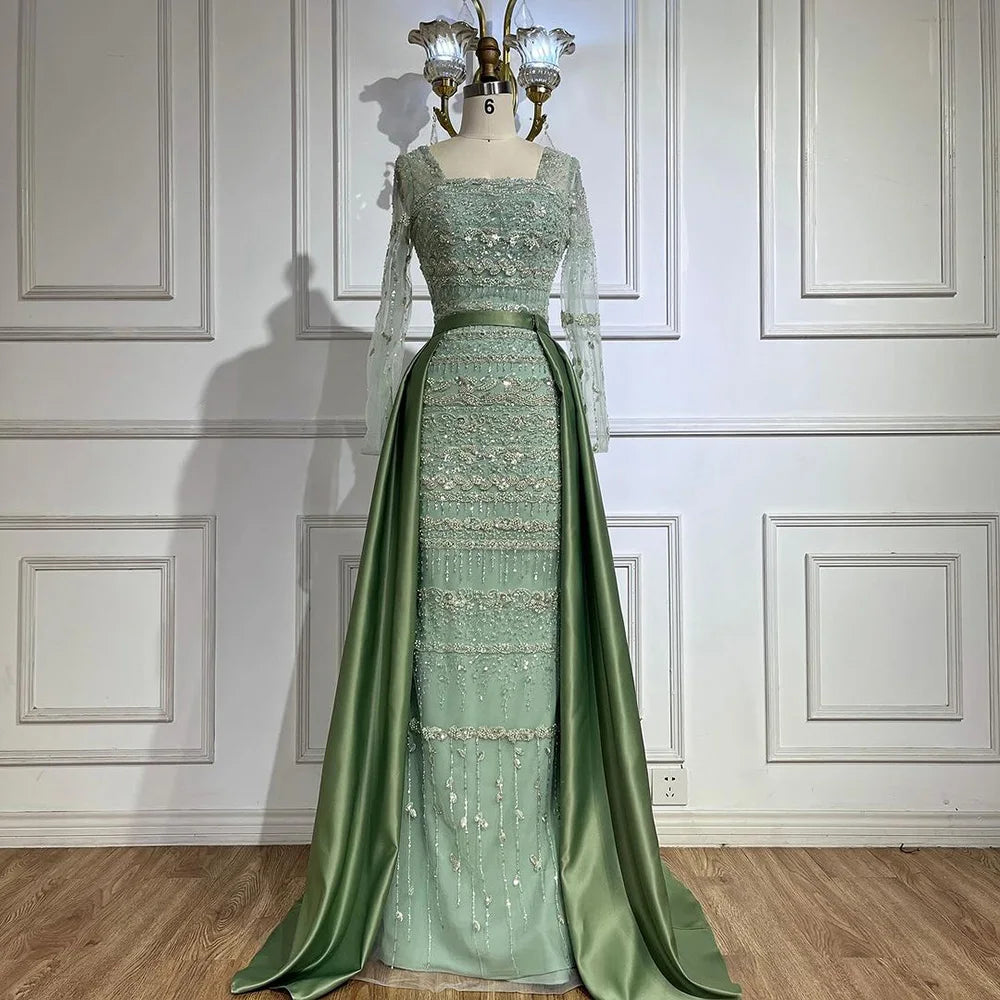 Arabic Nude Mermaid Beaded Luxury Dubai Long Evening Dress 2-in-1 Skirt with Overskirt Women's Party 2025 LA72261A