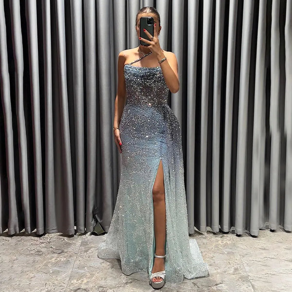 Serene Hill 2024 Blue Mermaid Spaghetti Strap High Split Beaded Luxury Evening Dresses Gowns for Women Wedding Party LA72434