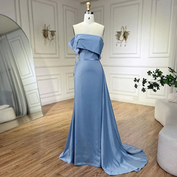 Serene Hill 2024 Dubai Blue Satin Off The Shoulder Mermaid Luxury Arabic Evening Dresses Gowns for Women Wedding Party LA72506