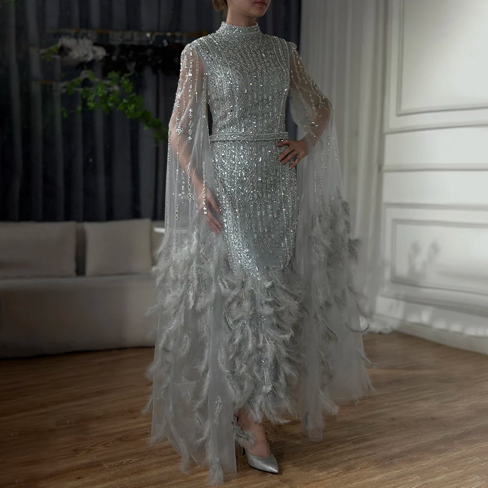 Serene Hill 2024 Silver Gray Mermaid Cape Sleeves Feathers Beaded Ankle Length Evening Dresses Gowns for Formal Occasion LA72747