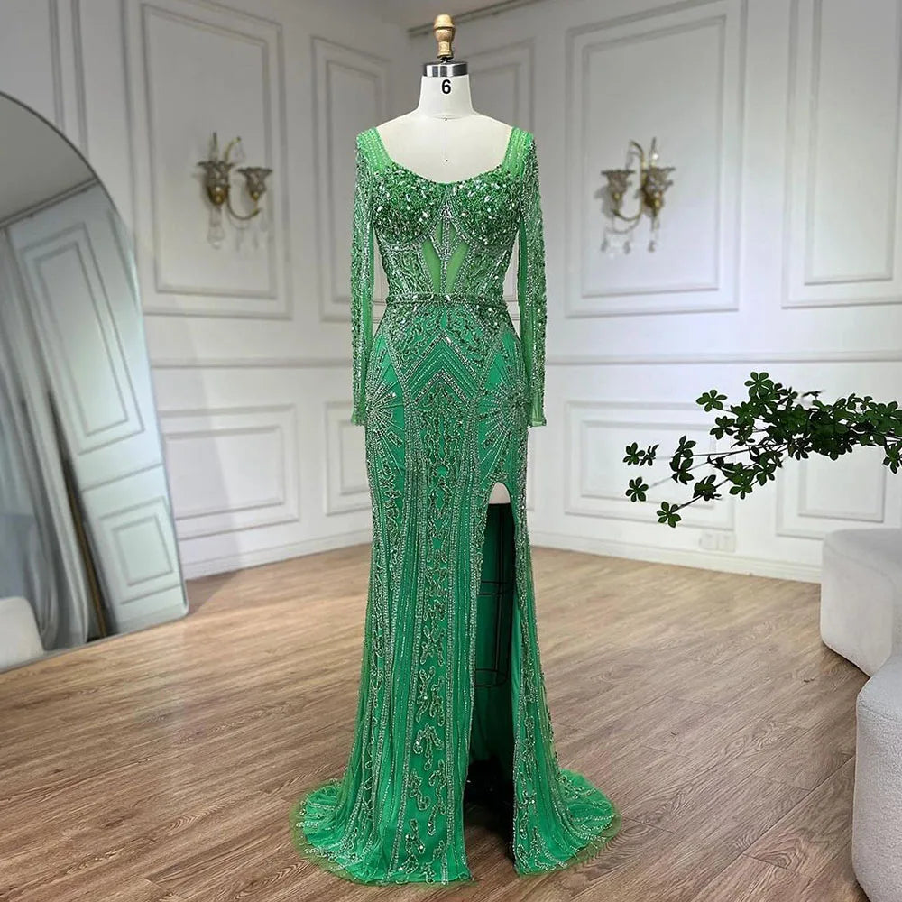 Arabic Sage Green A-Line Elegant Off The Shoulder Luxury Beaded Evening Dress for Women Wedding Party 2025 LA72605
