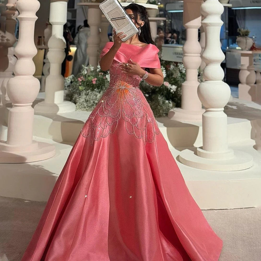 Luxury Dubai   Saudi Luxury Pink Feathers A Line Arabic Beaded Evening Dress Gown for Formal Occasion LA72721 main image 0