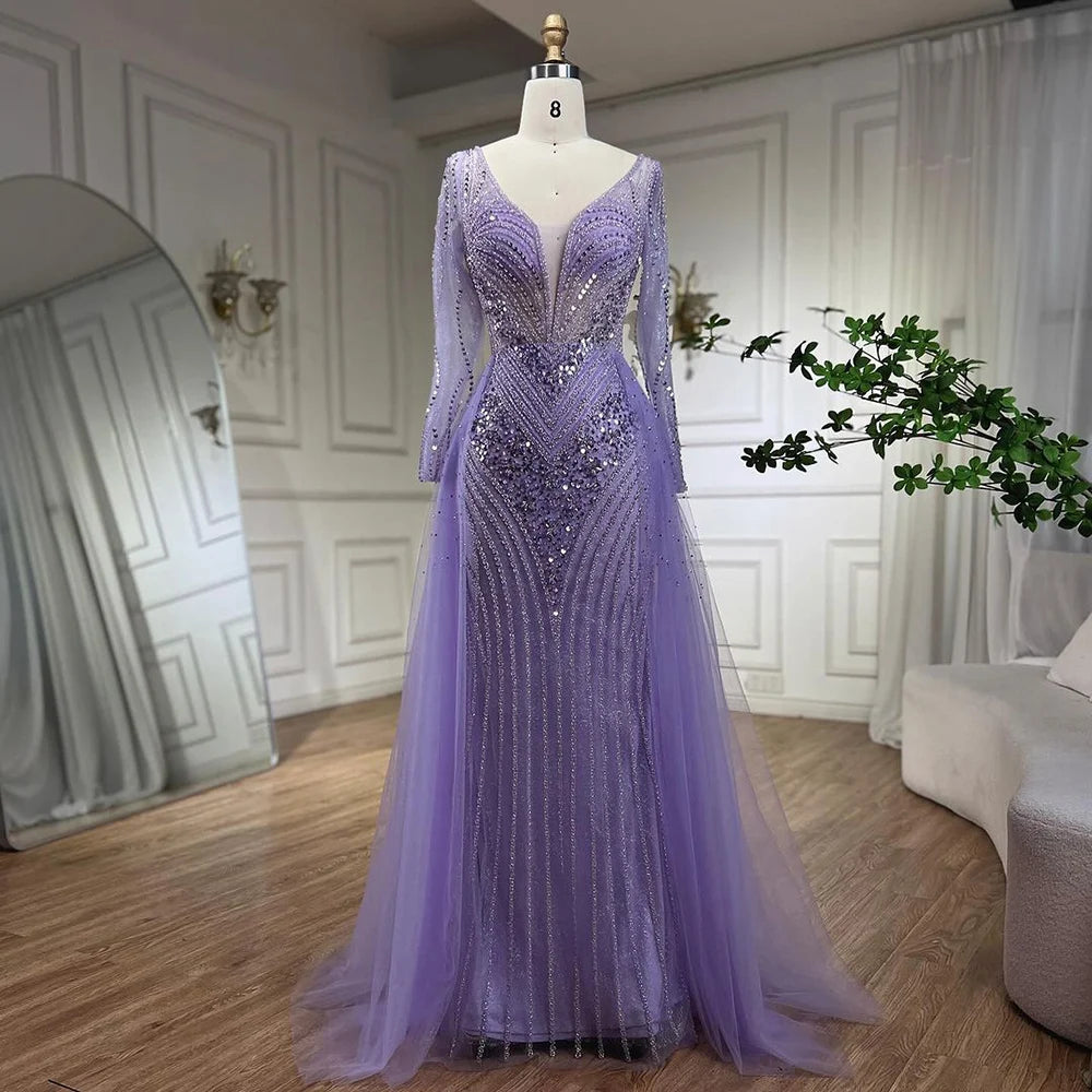 2025 Arabic Blue Strapless Mermaid Luxury Evening Gown with Tulle Overskirt Beaded Dress for Women's Party LA72639