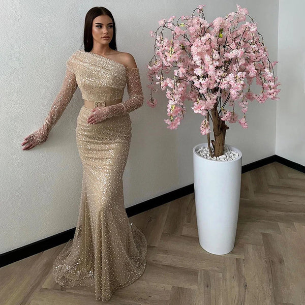 Serene Hill Arabia caramel Mermaid One Shoulder Luxury Beaded Evening Dresses Gowns 2024 For Women Wedding Party LA72285