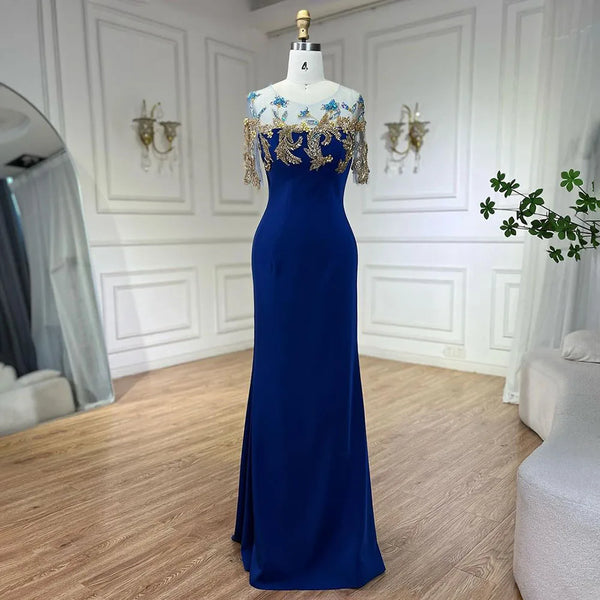 Serene Hill Arabic Blue Mermaid Elegant Appliques Luxury Dubai Evening Dresses Gowns 2024 For Women Wedding Party LA72554