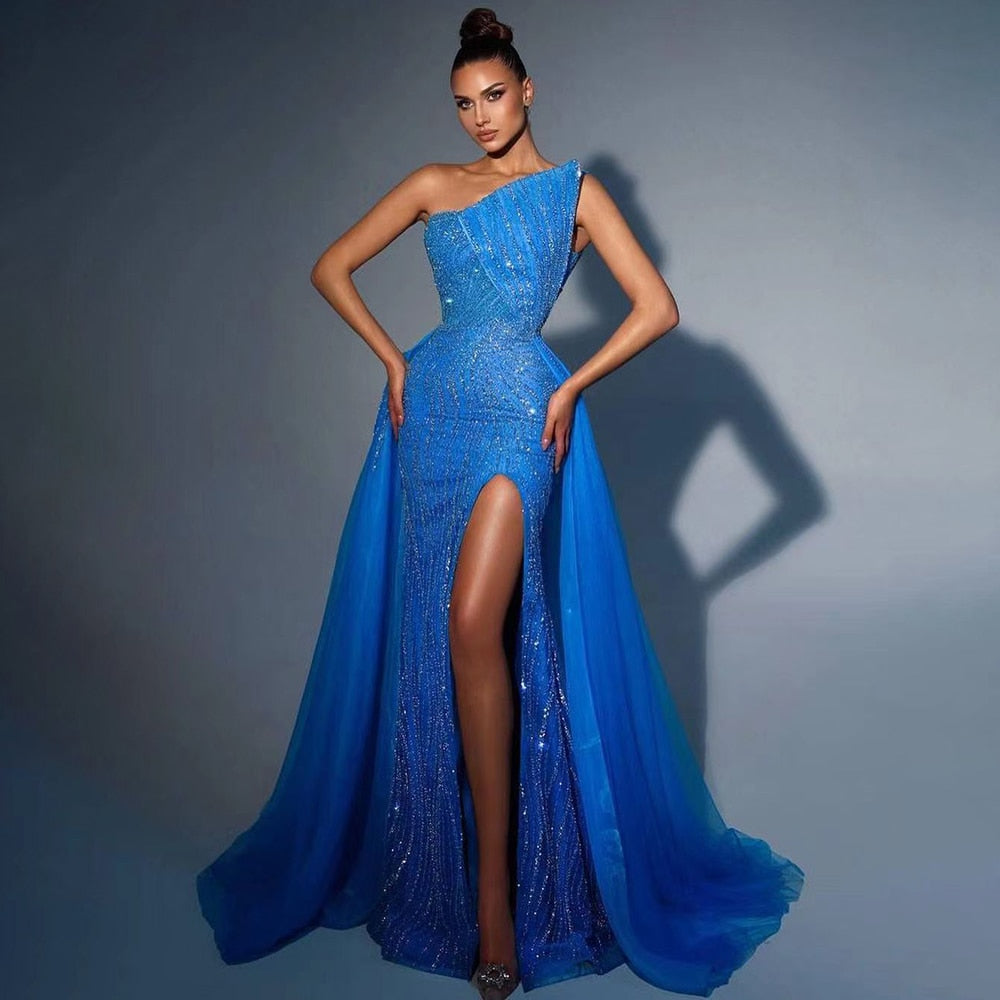Stunning Turquoise Mermaid Evening Dresses with High Split And Beaded Design Arabic For Women Wedding Party LA72097