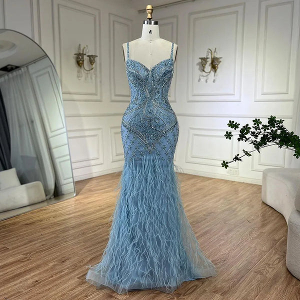 Serene Hill Arabic Blue Spaghetti Strap Feathers Beaded  Luxury Dubai Evening Dresses Gowns For Women Wedding Party 2024 LA72527