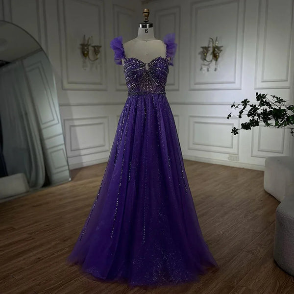 Serene Hill Arabic Elegant Purple Beaded A-Line Evening Gown 2024 Boat Neck Luxury Dress for Women Long Party Dress LA72324