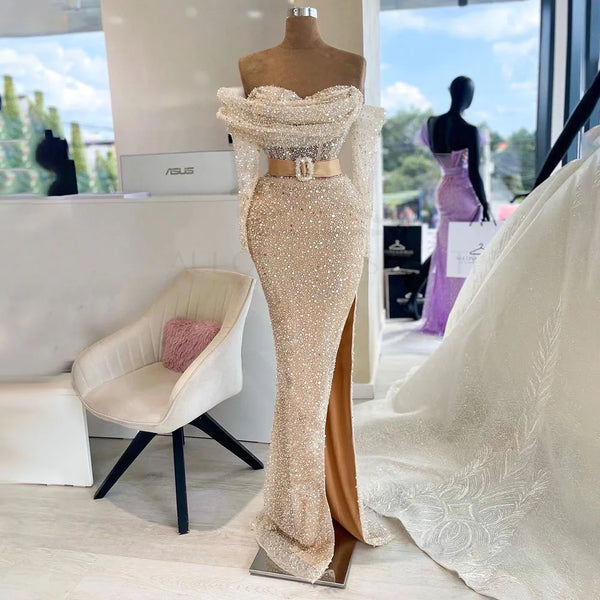 Serene Hill Arabic Nude Elegant One Shoulder Beaded Luxury Dubai Evening Dresses Gowns For Women Wedding Party 2024 LA72318D