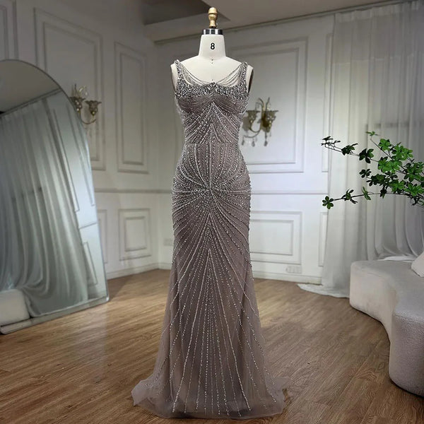 Serene Hill Arabic Nude Spaghetti Strap Mermaid Evening Dresses Gowns Luxury Pearls Beaded For Women Wedding Party 2024 LA72356