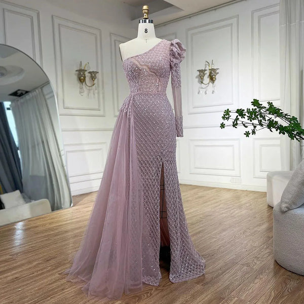 Serene Hill Arabic Pink Mermaid Elegant One Shoulder Beaded Luxury Evening Dresses Gowns For Women Wedding Party 2024 LA72561