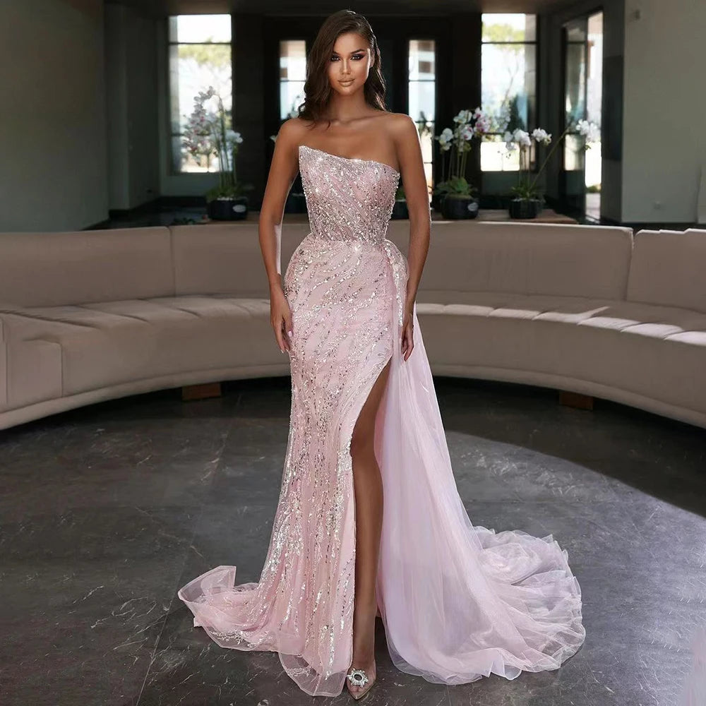 Pink  High Split Mermaid Elegant Evening Dresses Gowns Luxury Beaded 2025 For Women Party LA71582