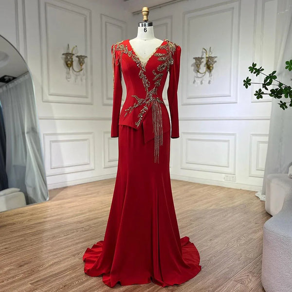 Serene Hill-Arabic Red Mermaid Dresses for Women, Elegant Tassel, Beaded, Luxury, Dubai Evening Gowns, Wedding Party, LA72558,