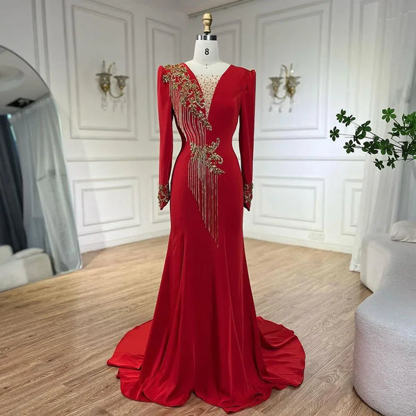 Serene Hill Arabic Red Mermaid Elegant Tassel Beaded Luxury Dubai Evening Dresses Gowns 2024 For Women Wedding Party LA72494