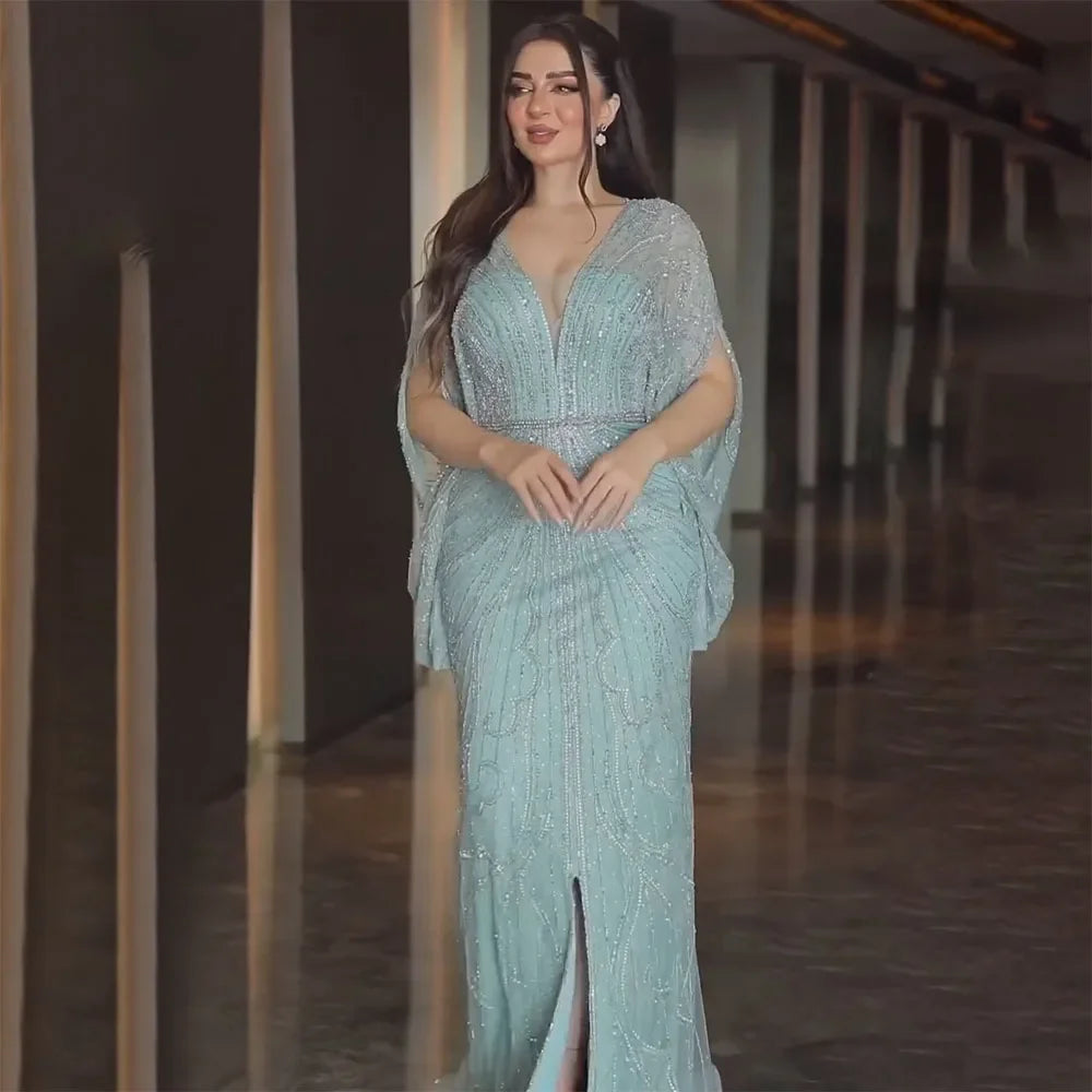 Arabic Blue Mermaid Elegant Long Cape Cloak Luxury Beaded Evening Dresses For Women Wedding Party 2025 LA72235