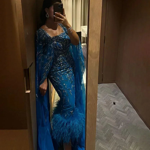 Serene Hill Blue Mermaid Ankle Length Midi Feather Beaded With Cape Evening Dresses Gowns For Women Wedding Party 2024 LA71841A