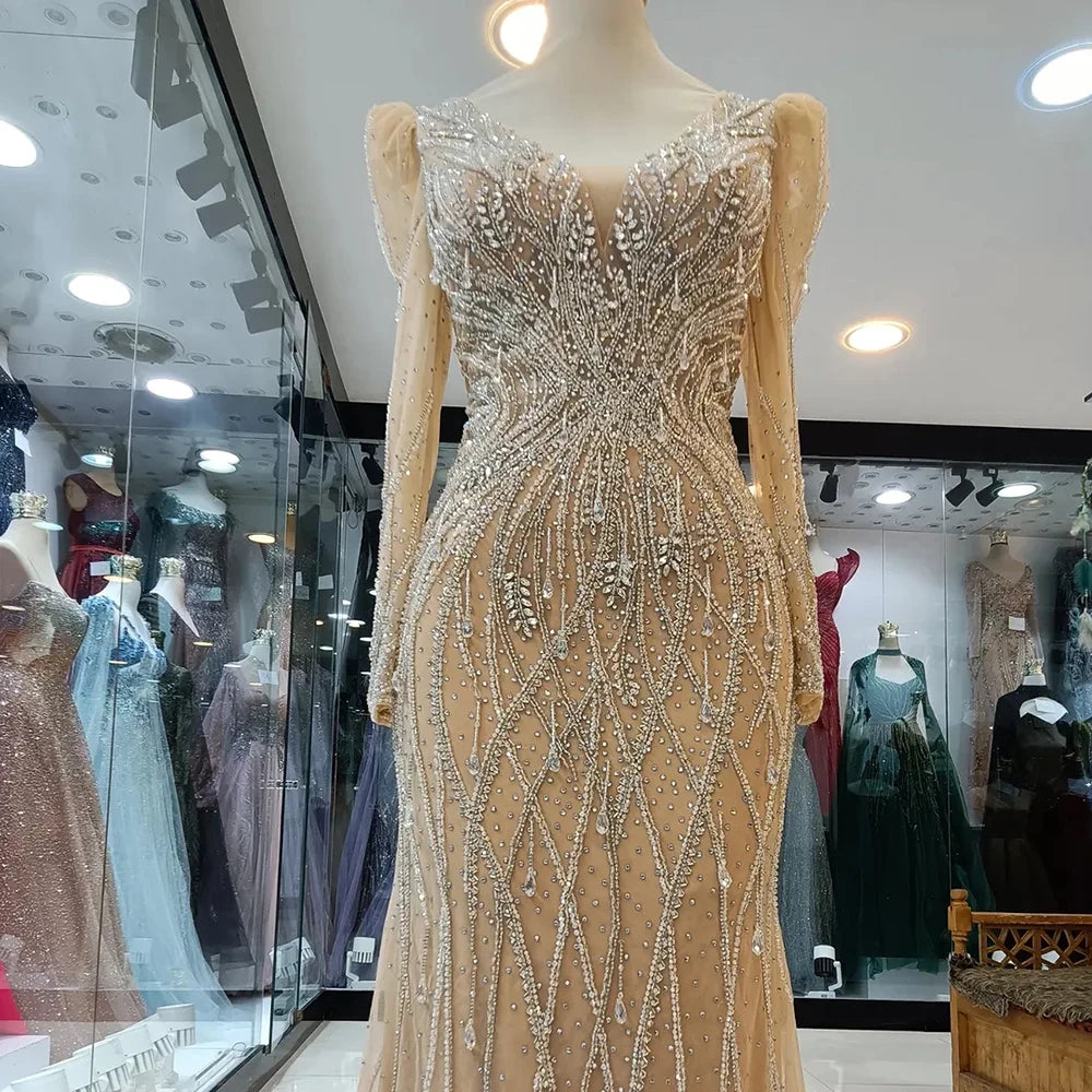 Opulent Dark Green Beaded Mermaid Evening Gown with Enchanting Lace Sleeves Appliques