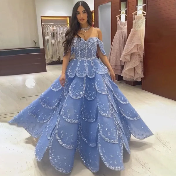 Serene Hill Dubai Arabic Blue A Line Luxury Beaded Bling Evening Dresses Gowns For Women Wedding Party 2024 LA72307