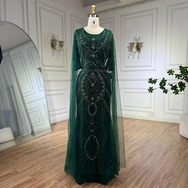 Serene Hill Dubai Arabic Green Mermaid Evening Dress with Elegant Luxury Beaded Cape Sleeves for Women's Party 2024 LA72562