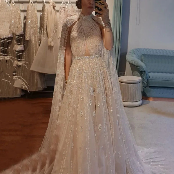 Serene Hill Dubai Arabic Luxury Nude A Line Beaded Evening Dresses With Cape Sleeves Gowns For Women Wedding Party 2024 LA71803