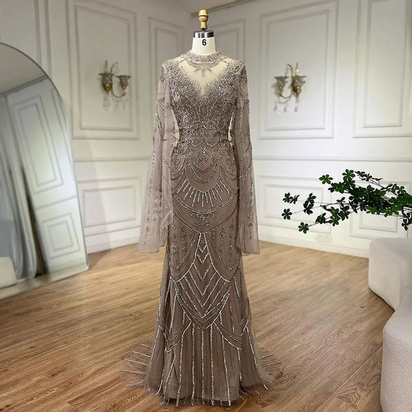 Serene Hill Dubai Gray Elegant Mermaid Beaded Lace Arabic Luxury Evening Dresses Gowns 2024 for Women Wedding Party LA72517