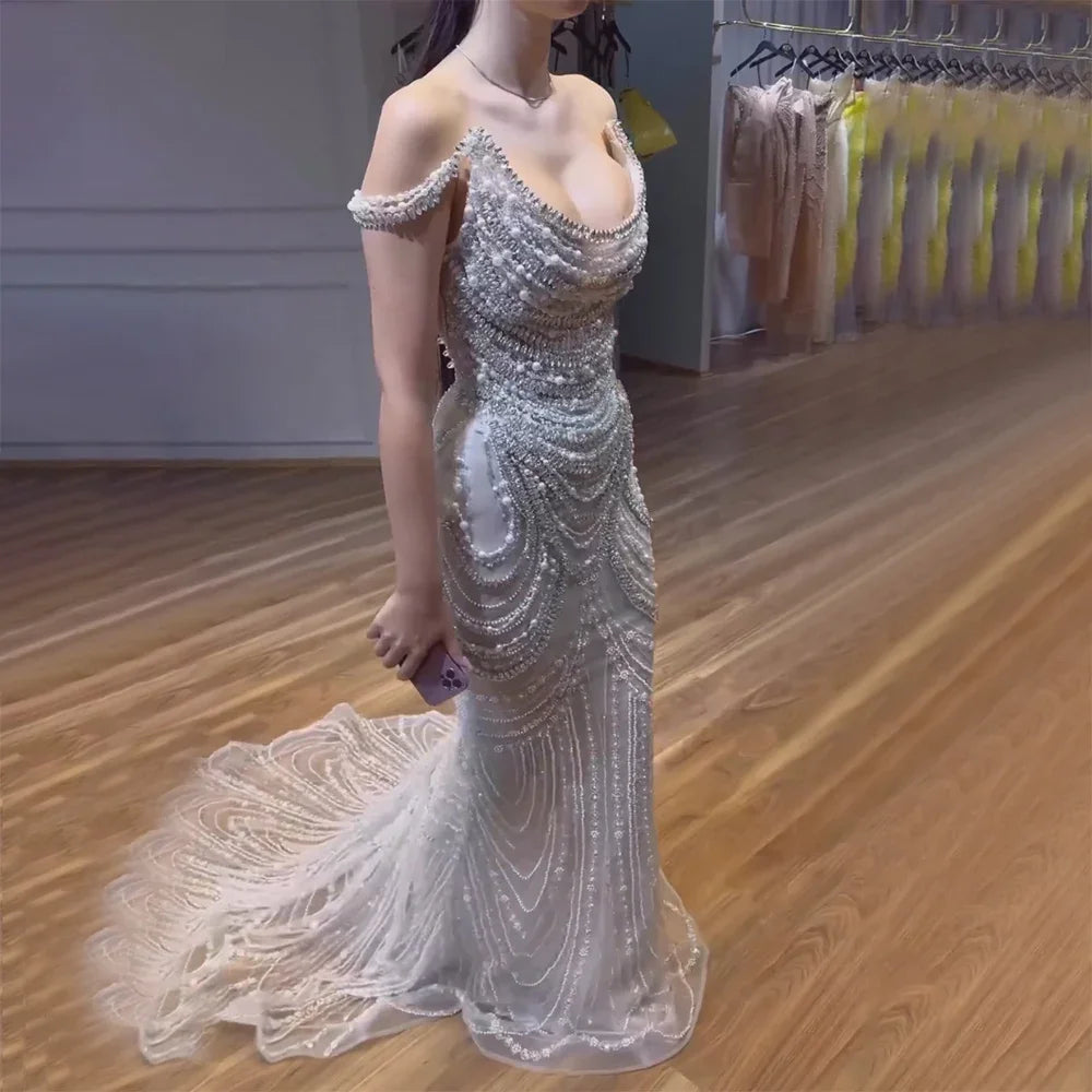 Luxury Grey  Nude With Cape  Mermaid Luxury Evening Dresses Gowns 2025 Beaded Elegant Sexy For Woman Party  LA71027
