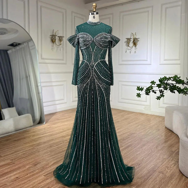Serene Hill Green Muslim Elegant Mermaid Beaded Luxury Dubai Evening Dresses Gowns for Woman Wedding Party 2024 LA72547