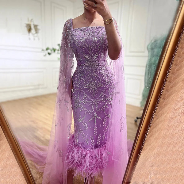Serene Hill Lilac Mermaid Ankle Length  Midi Feather Beaded Luxury Evening Dresses With Cape Gowns For Women Party 2023 LA71841
