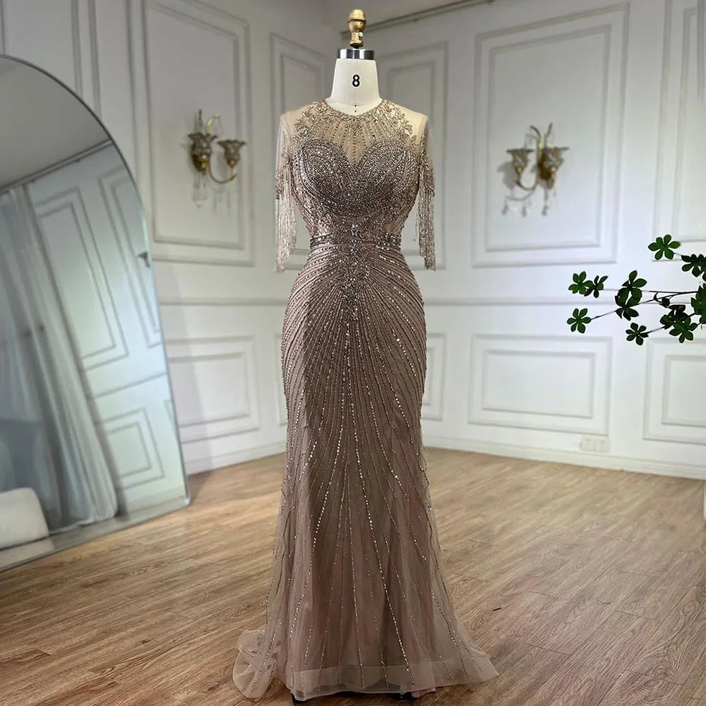 2025 Caramel Mermaid Cape Sleeves Beaded Sequined Luxury Dubai Evening Dresses Gowns for Women Wedding Party LA72428