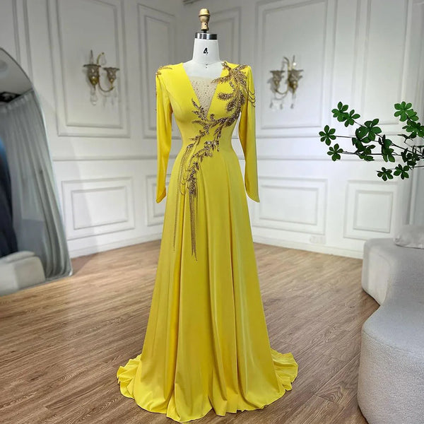 Serene Hill Luxury Dubai Arabic Yellow Mermaid Elegant Tassel Beaded Evening Dresses Gowns For Women Wedding Party 2024 LA72555