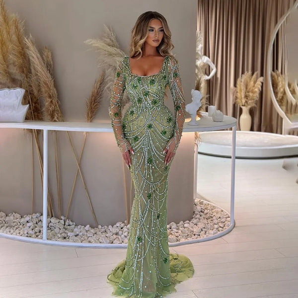 Serene Hill Luxury Dubai Green Mermaid Elegant Crystal Beaded Arabic Evening Dresses Gowns For Women Wedding Party 2024 LA72242