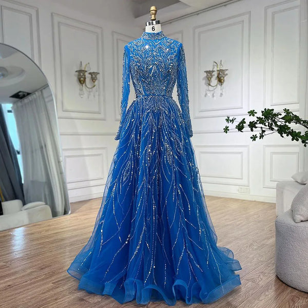 Serene Hill Muslim Elegant blue A Line Beaded Luxury Dubai Evening Dresses Gowns For Women Wedding Party 2024 LA72302A