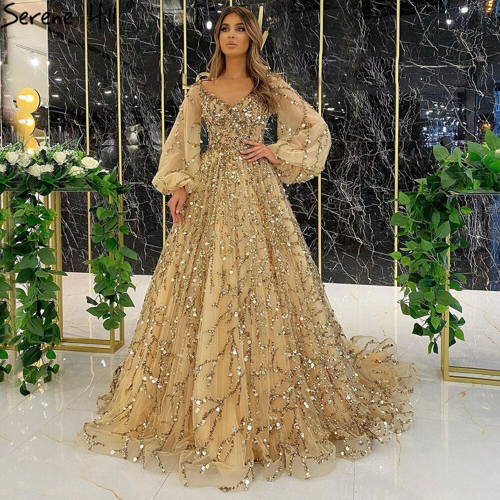 Muslim Gold Luxury Evening Dresses Gowns 2025 Ankle-Length A-Line Beading For Women Party LA70987 main image 0