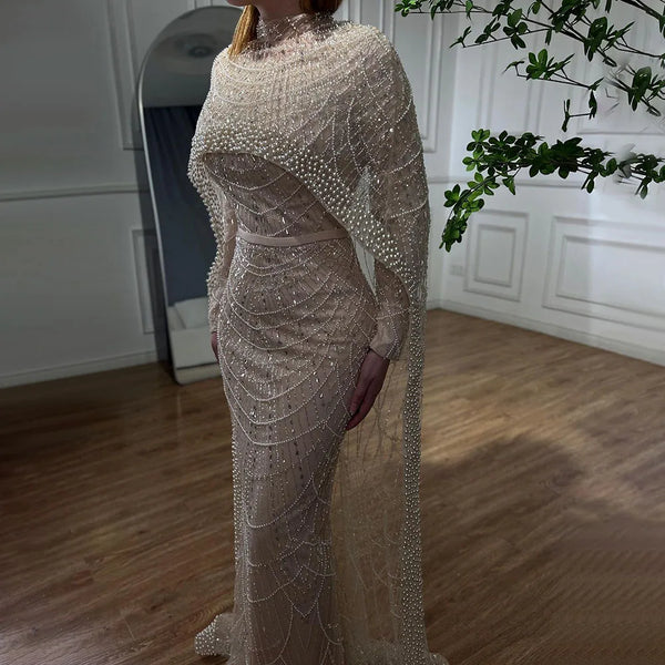 Serene Hill Muslim Nude Mermaid Long Cape Dubai Arabia Luxury Evening Dresses Gowns for Women Wedding Party 2024 LA72032