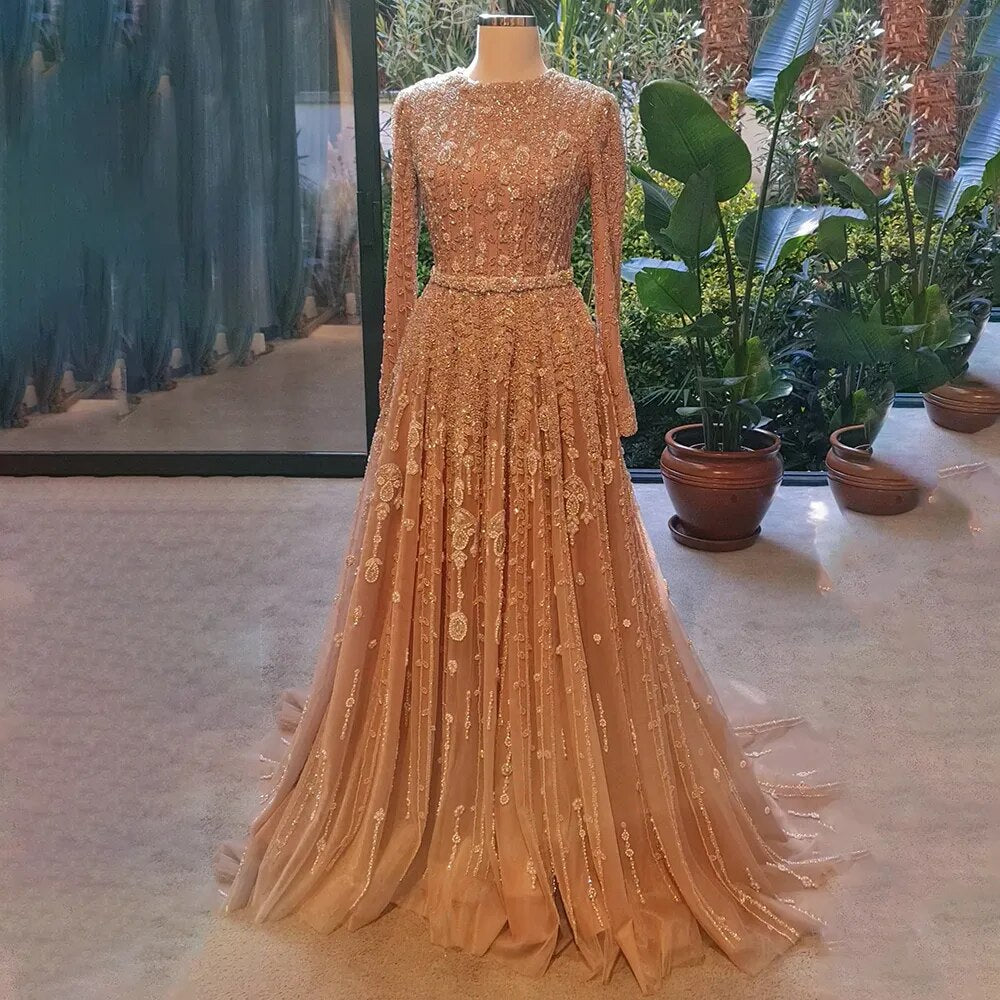 Muslim Pink  A-Line Beaded Luxury Evening Dresses Gowns 2025 For Women Wedding Party LA71290A