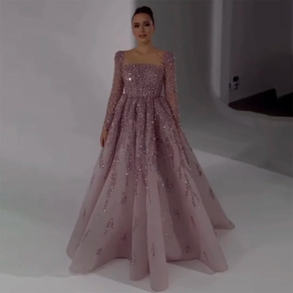 Serene Hill Muslim Pink A Line Beaded Luxury Dubai Long Evening Dresses Gowns 2024 For Woman Wedding Party LA71915