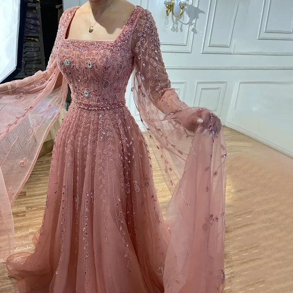 Serene Hill Muslim Pink A Line Square Collar Beaded Luxury Dubai Evening Dresses Gowns 2023 For Women Wedding Party LA71803A