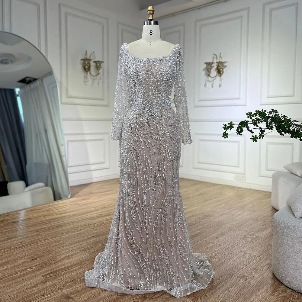 2025 White Strapless Luxury Dubai Evening Gown with Front Double Split Pearls Beaded Dress for Women's Party LA72667
