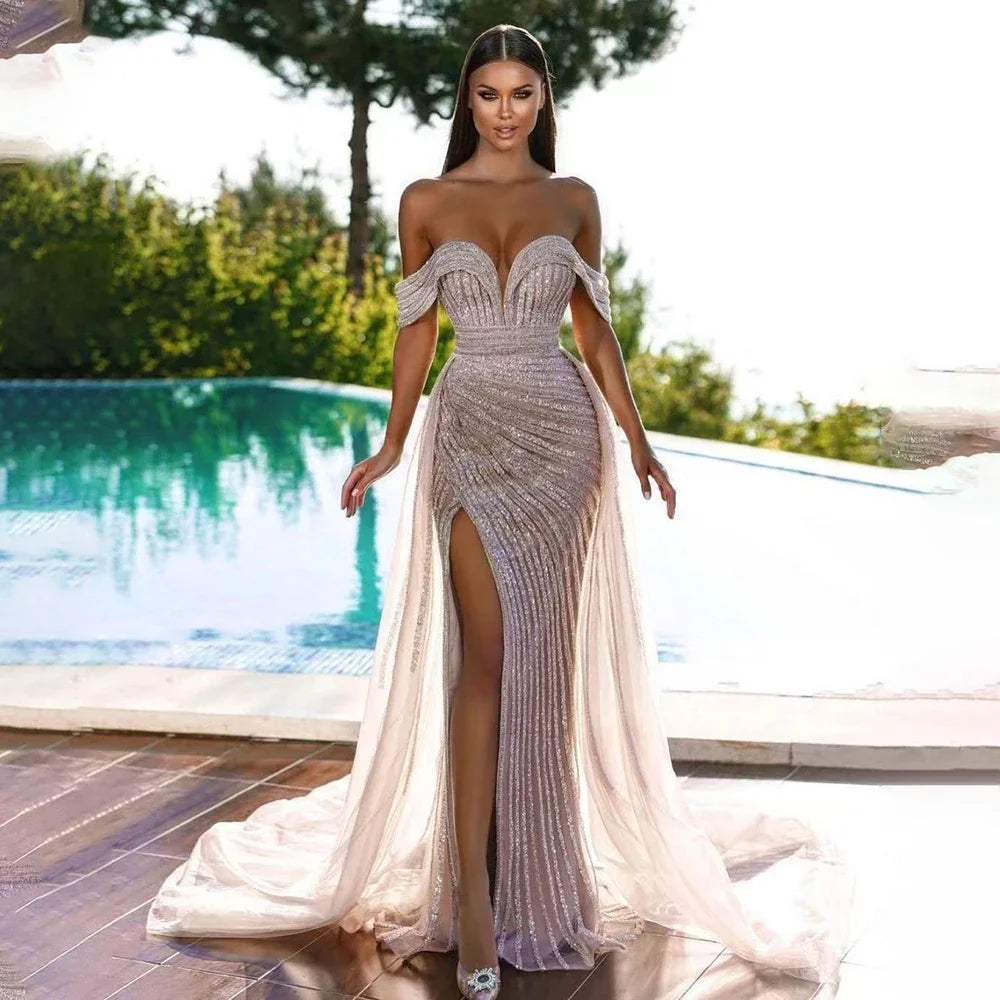 Turquoise Mermaid Elegant Dress With Overskirt Luxury Beaded Evening Dress Ball Gown For Guest Of Wedding Party