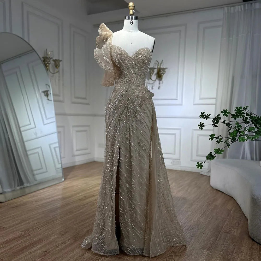 Muslim Gold Mermaid  With Overskirt Beaded Luxury Dubai Evening Dresses Gowns 2025 For Women Wedding Party LA72211