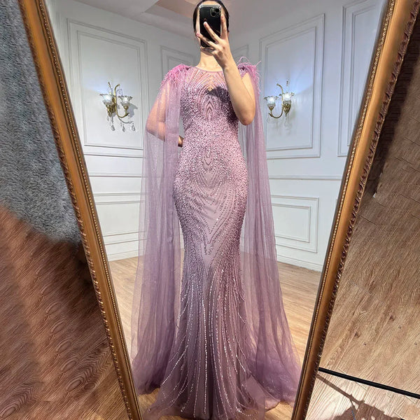 Serene Hill Pink Mermaid Elegant Cape Sleeves Evening Dresses Gowns 2024 Luxury Feathers Beaded For Women Party LA71709