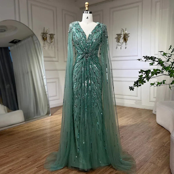 Serene Hill Turquoise Mermaid Evening Dresses Gowns 2024 with Beaded  With Cape for Women's Wedding Party LA72168A