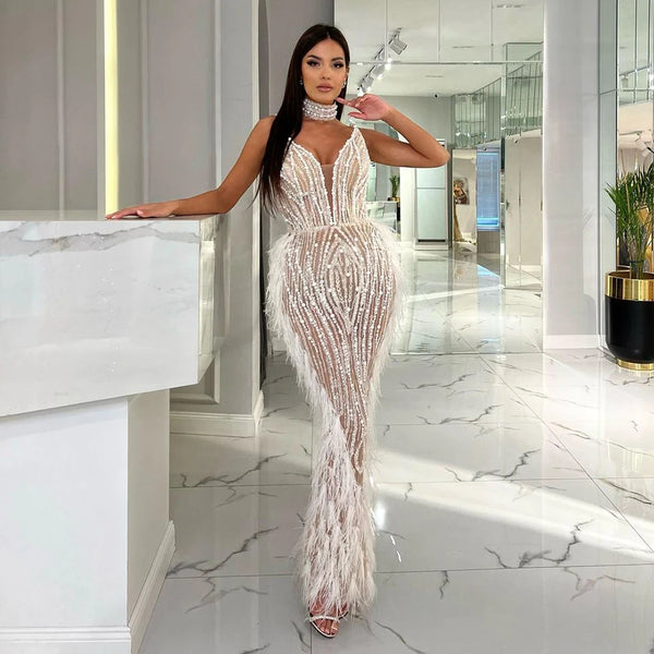 Serene Hill White Nude Mermaid Spaghetti Strap Beaded Feather Evening Dresses Prom Gowns 2024 For Woman Wedding Party LA72047