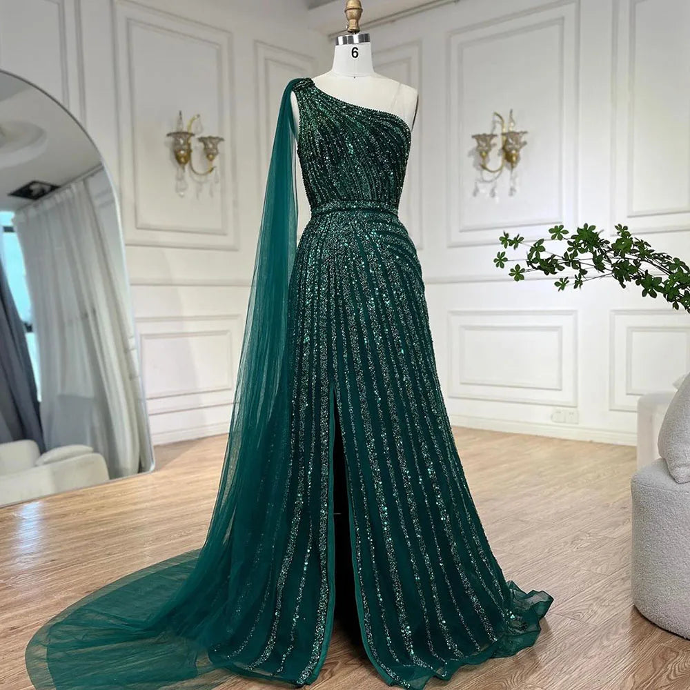 One Shoulder Gold Yellow Evening Dress with Cape
