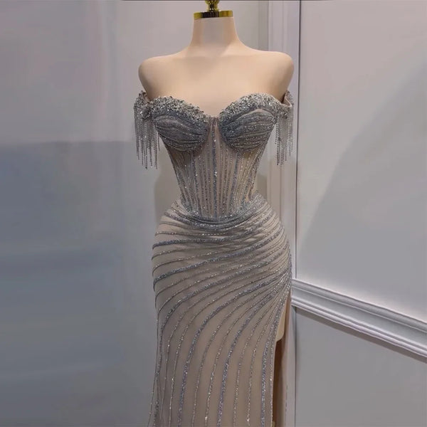 Serene Hill sliver nude Boat Neck Split Mermaid Elegant Beaded Tassel Evening Dresses Gowns For Woman Wedding Party 2024 LA72391