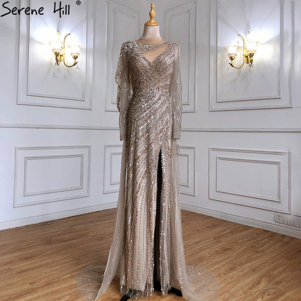 Brown Luxury Mermaid Evening Dresses Gowns 2023 Beaded Elegant High Split For Women Party Serene Hill LA70301L
